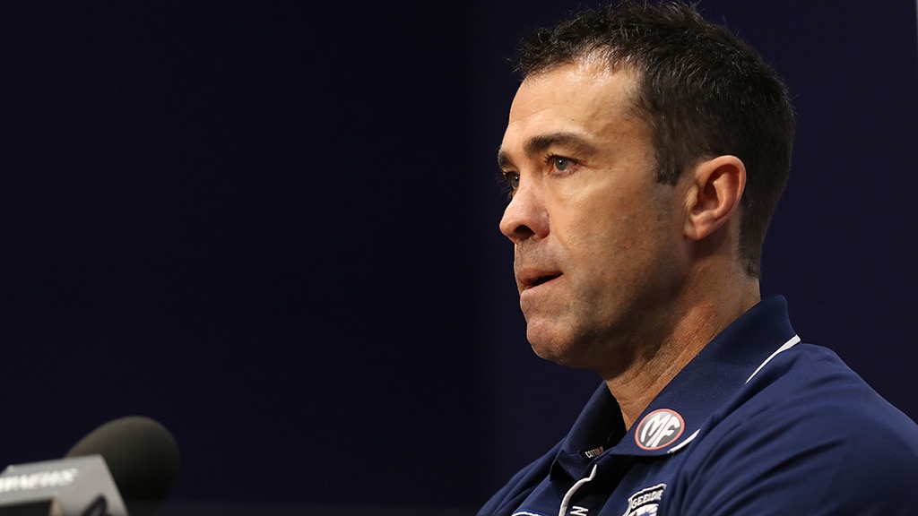 ChrisScottAug14.jpg Chris Scott at Wednesday's media conference. Picture: Getty Images - AFL,Geelong Cats,Chris Scott